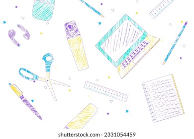 School supplies learning education coloring pencils style background vector