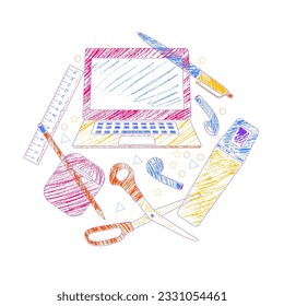 Material escolar aprendizaje educación coloración de lápices estilo composición de círculo vectorial