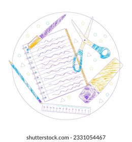 School supplies learning education coloring pencils style circle composition vector