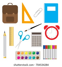 School supplies learning equipment and different school supplies colorful office accessories. School supplies equipment and back to school icons. Vector illustration