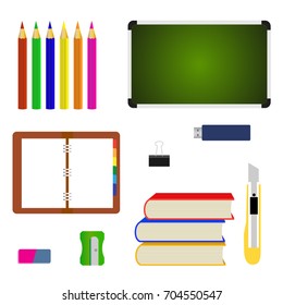 School supplies learning equipment and different school supplies colorful office accessories. School supplies equipment and back to school icons. Vector illustration