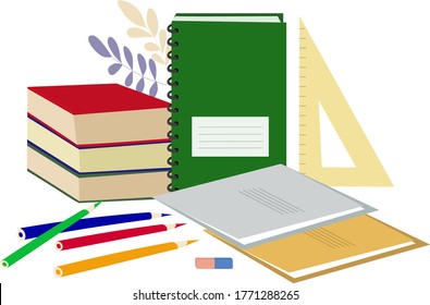School supplies for learning. Notebooks, books and colored pencils. Back to school. Education concept. Vector illustration