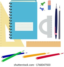 School supplies for learning. Notebooks and color pencils. Back to school. Education concept. Vector illustration.