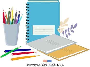 School supplies for learning. Notebooks and color pencils. Back to school. Education concept. Vector illustration.