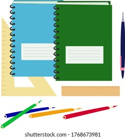 School supplies for learning. Notebooks and color pencils. Back to school. Education concept. Vector illustration.