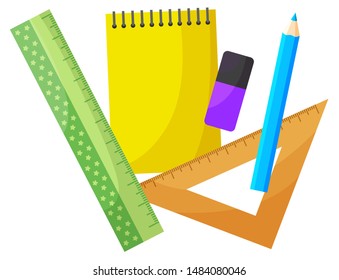 School supplies for lesson vector, isolated notebook and eraser. Ruler for measurement, mathematical devices for solving problems. Flat style pad set. Back to school concept. Flat cartoon