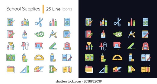 School supplies light and dark theme RGB color icons set. Must-have items for back to school. Art classroom. Isolated vector illustrations on white and black space. Simple filled line drawings pack