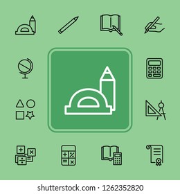 School supplies line icon set. Ruler, calculator, globe, copybook. Education concept. Can be used for topics like studying, learning, geometry, drawing