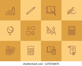 School supplies line icon set. Ruler, calculator, globe, copybook. Education concept. Can be used for topics like studying, learning, geometry, drawing