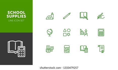 School supplies line icon set. Ruler, calculator, globe, copybook. Education concept. Can be used for topics like studying, learning, geometry, drawing