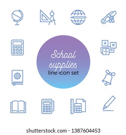 School supplies line icon set. Globe, ruler, pencil. Education concept. Can be used for topics like studying, learning, training