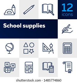 School supplies line icon set. Ruler, calculator, globe, copybook. Education concept. Can be used for topics like studying, learning, geometry, drawing