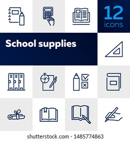 School supplies line icon set. Notebook, calculator, textbook. Education concept. Can be used for topics like college, university, training