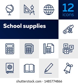 School supplies line icon set. Globe, ruler, pencil. Education concept. Can be used for topics like studying, learning, training