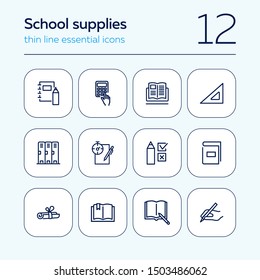 School supplies line icon set. Notebook, calculator, textbook. Education concept. Can be used for topics like college, university, training
