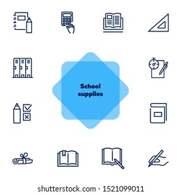 School supplies line icon set. Notebook, calculator, textbook. Education concept. Can be used for topics like college, university, training