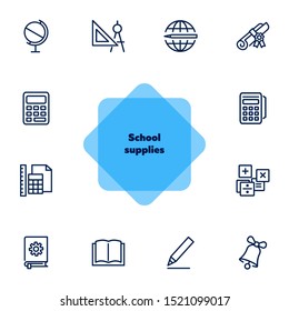 School supplies line icon set. Globe, ruler, pencil. Education concept. Can be used for topics like studying, learning, training