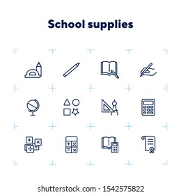 School supplies line icon set. Ruler, calculator, globe, copybook. Education concept. Can be used for topics like studying, learning, geometry, drawing