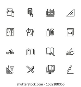 School supplies line icon set. Notebook, calculator, textbook. Education concept. Can be used for topics like college, university, training