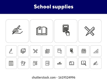 School supplies line icon set. Notebook, calculator, textbook. Education concept. Can be used for topics like college, university, training