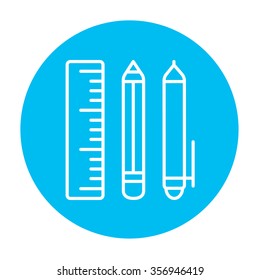 Icono de línea de suministros escolares para web, móviles e infografías. Icono de blanco vector en el círculo azul claro aislado en fondo blanco.
