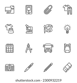 School supplies line icons set, outline vector symbol collection, linear style pictogram pack. Signs, logo illustration. Set includes icons as paper clip, student uniform, school bus, college, pencil