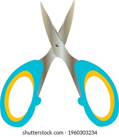 School supplies. A little colorful scissors for kids. Cartoon vector illustration. The all purpose scissors is opened. Crafting supplies.