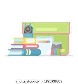 School supplies: markers, crayons, folder, sharpener and books in cute colors