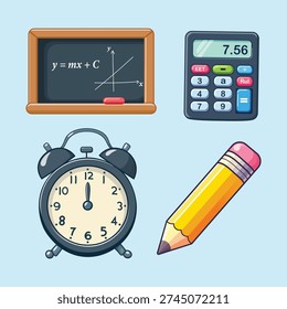 School supplies and math equation on blackboard, calculator, alarm clock, and pencil