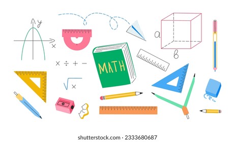 School supplies for math set. Writing tools, pencil, pen, rulers, textbook. Mathematical symbols, formulas, graphs. Education, back to school concept. Vector illustration isolated on white background