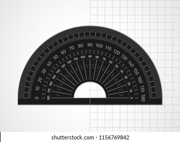 School supplies. Measuring tool. Black plastic protractor on white and sheet in a cell. Drawing device is an arc divided into degrees to measure the angles and apply them to the drawing