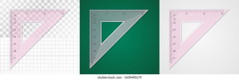 School supplies. Measuring tool. Pink plastic transparent equilateral triangular ruler 7 cm and 3 inch for drawing lines, especially 90 and 45 degrees. Application examples on different backgrounds