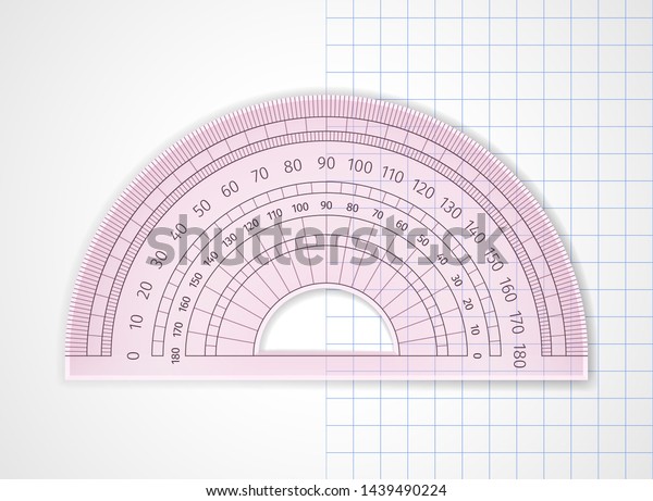 School supplies. Measuring tool. Pink transparent\
plastic protractor on white and sheet in a cell. Drawing device is\
an arc divided into degrees to measure the angles and apply them to\
the drawing