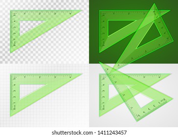 School supplies. Measuring tool. Realistic green plastic transparent triangle ruler 5 cm and 4 inch for drawing lines at angle of 90, 60 and 30 degrees. Application examples on different backgrounds