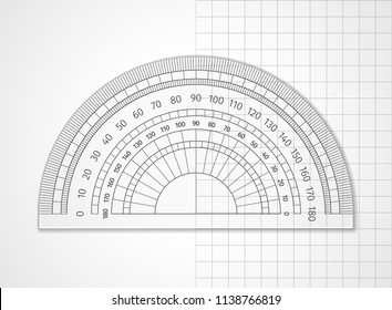 School supplies. Measuring tool. Transparent plastic protractor on white and sheet in a cell. Drawing device is an arc divided into degrees to measure the angles and apply them to the drawing