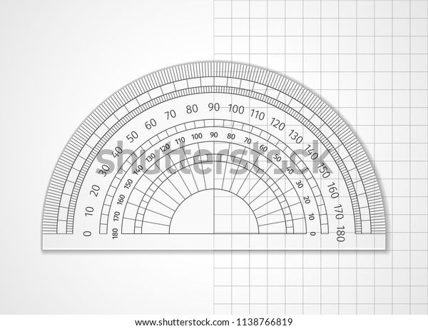 School supplies. Measuring tool. Transparent\
plastic protractor on white and sheet in a cell. Drawing device is\
an arc divided into degrees to measure the angles and apply them to\
the drawing