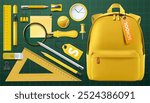 School supplies mockup set. Yellow backpack, tennis ball, eraser, clock, ruler, pen, pencils, paper clip, paper note, triangle ruler, magnifying glass. Vector illustration for study