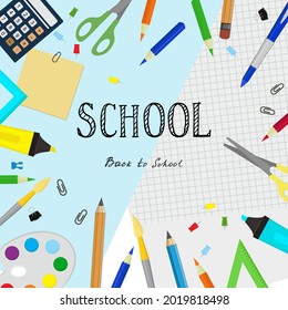 School supplies: multicolored wooden pencils, paper stickers, paper clips, pencil sharpener, copy space, scissors, button, marker, ruler and letternig text back to school. 