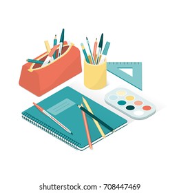 School supplies and notebook, back to school and creativity concept