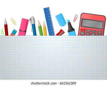 School supplies, notebook, colour pencils, pens, calculator, ruler, eraser on white background with place for text. Back to school. Education and school concept. Vector illustration