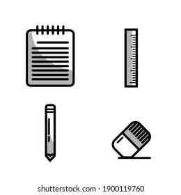 school supplies notebook, pencil, eraser, ruler. flat design, vector illustration. eps file