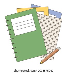 School supplies. Notebook with pencil vector illustration isolated on white background.