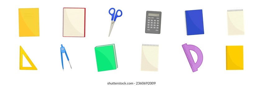 School Supplies with Notebook, Scissors, Calculator, Book and Ruler Vector Set