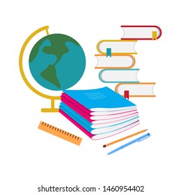 school supplies, notebooks, ruler, globe, pencil, pen and books