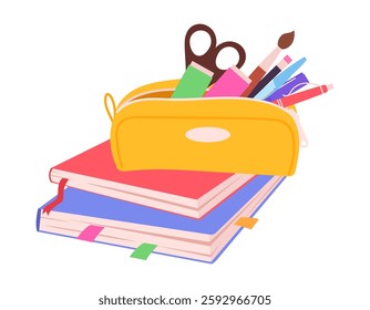 School supplies. Notebooks and textile pencil case with stationery and study supplies flat vector illustration. Cartoon back to school symbols on white