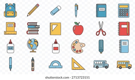 Material escolar y objetos en ilustración colorida