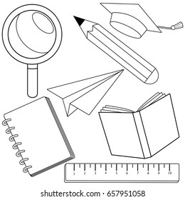 School supplies and objects. Vector black and white coloring page. 