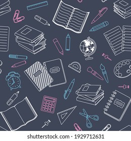 School supplies and office stationary on chalkboard background. Vector seamless pattern for banner, poster, website, wrapping paper, printing on fabric and textile. Back to school or education concept