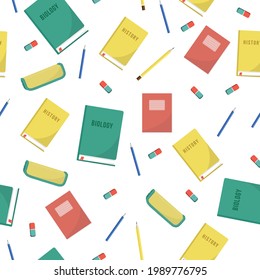 school supplies and office stationary on white background. Back to school, education and business concept. Vector seamless pattern for banner, poster, office supply store and wallpaper