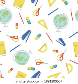 school supplies and office stationary on white background. Back to school, education and business concept. Vector seamless pattern for banner, poster, office supply store and wallpaper